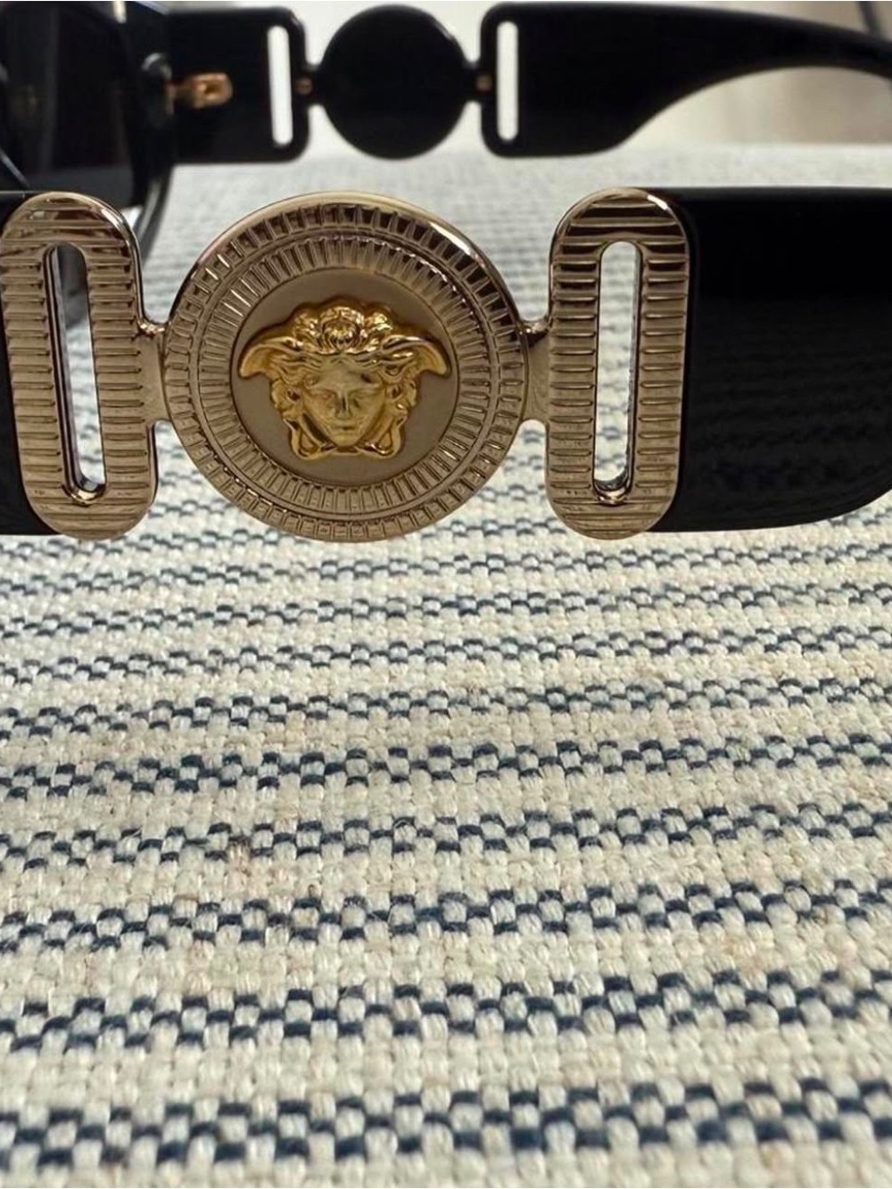 Versace Black and Gold Medusa Buckle Sunglasses Detail